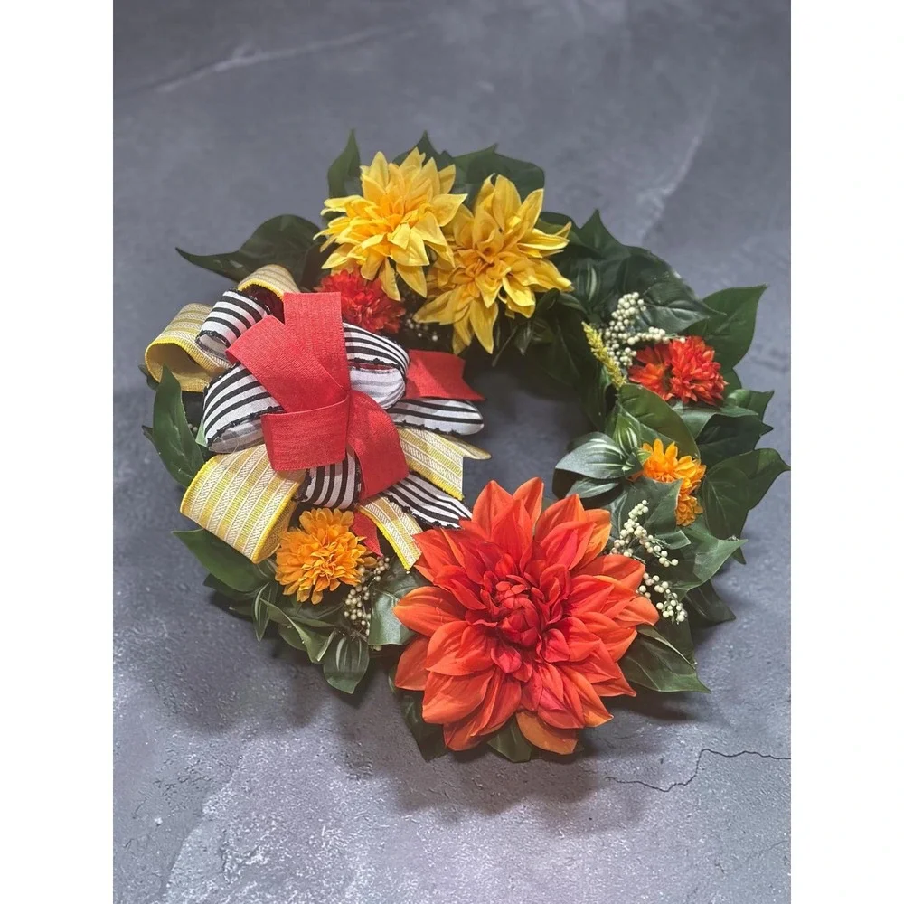 Handmade Year-Round Wreath: Greenery, Orange &yellow Door Decor